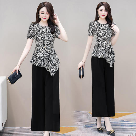 YWE  2B2241修身气质优雅印花雪纺衫阔腿裤 商品图1