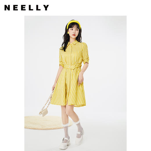 NEELLY纳俪商场同款条纹衬衫式连衣裙短袖腰间系带A字裙女士NE2004DY321 商品图0