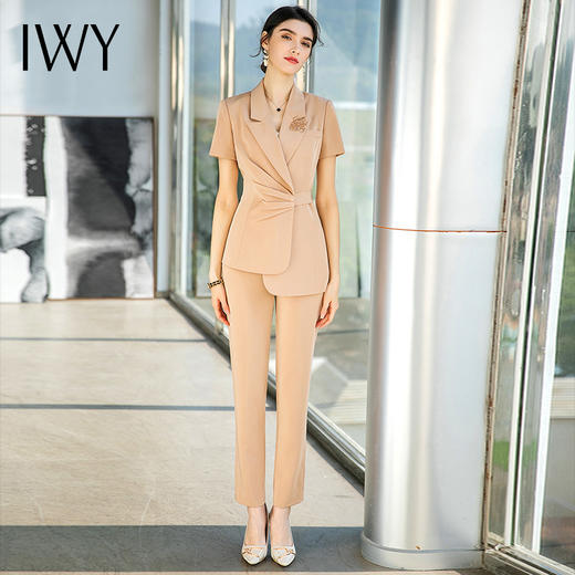 IWY/卡其色职业西服套装女夏季设计感短袖工服时尚气质收腰西装正装OL CP1545 商品图0