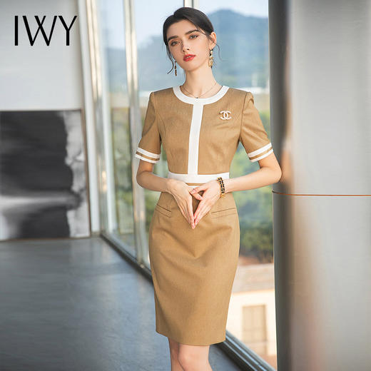 IWY/卡其连衣裙时尚气质女神范美容院工作服女夏季艺考播音主持人正装 Q710 商品图2