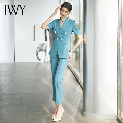 IWY/洋气职业套装女蓝绿色夏季短袖高级感工装时尚气质西装工作服 CP1539 商品图1