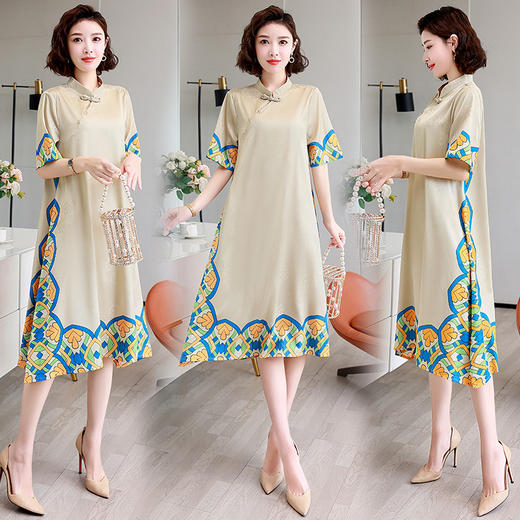 时尚舒适民族风，改良旗袍定位花仿真丝大码连衣裙HR-YYG82716 商品图0