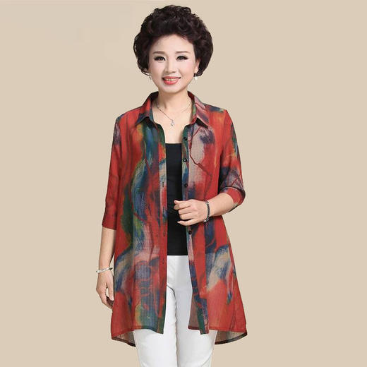 JXG-【送背心】妈妈夏装衬衫中袖雪纺衫新款中老年女夏装外套防晒上衣 商品图8