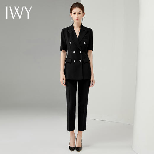 IWY/黑色职业套装女夏季西服OL正装薄款短袖气质双排扣售楼部工服C11231+P10409 商品图0