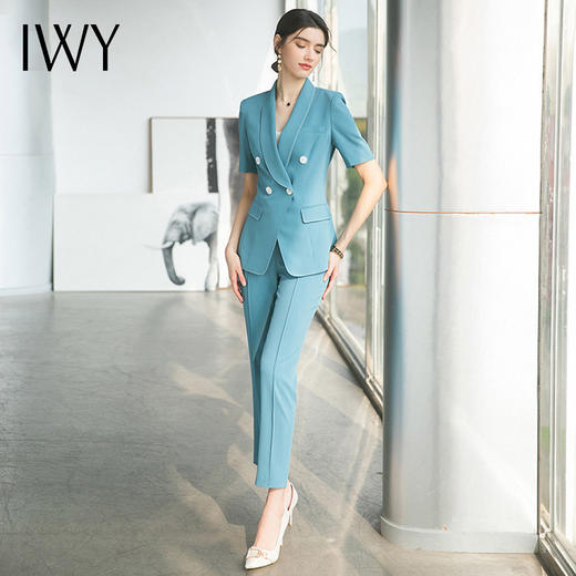 IWY/洋气职业套装女蓝绿色夏季短袖高级感工装时尚气质西装工作服 CP1539 商品图2