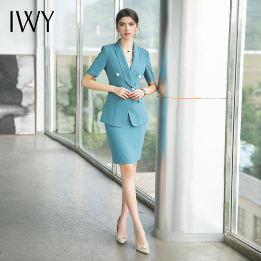 IWY/职业套装女夏时尚蓝绿色西装套裙收腰显瘦酒店前台珠宝工作服 CS1539 商品图1