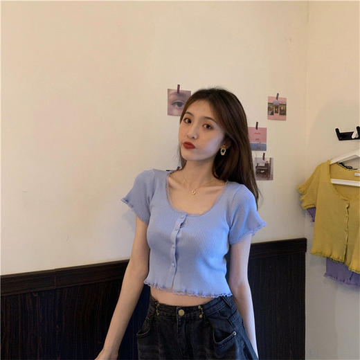 黛唯梵纯欲蕾丝边针织衫夏季2022年新款方领短袖设计感高腰短款T恤上衣 商品图3