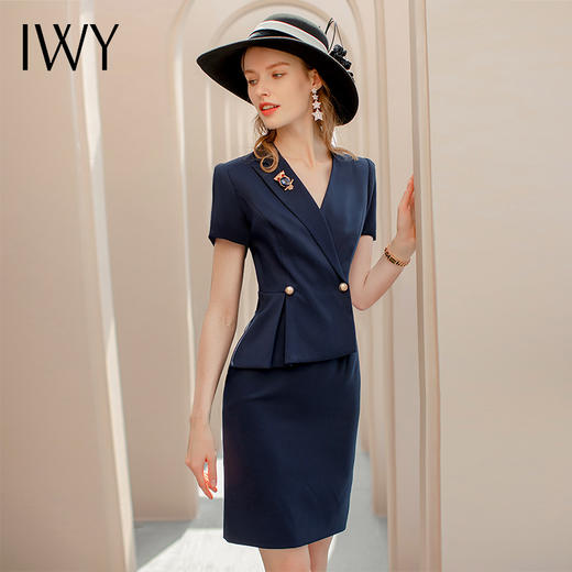 IWY/藏青色工作服高端短袖夏季职业装连衣裙女假两件售楼部工作服 Q731 商品图2