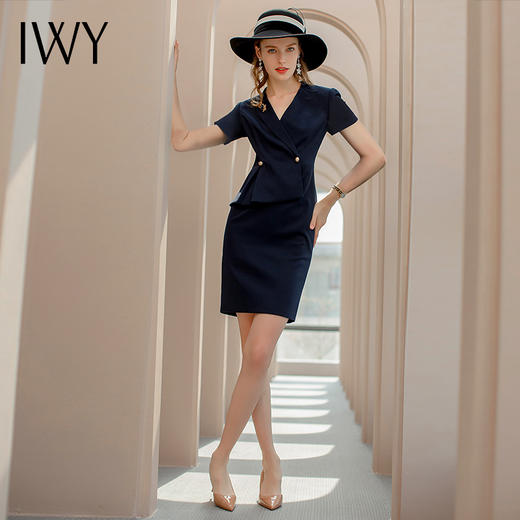 IWY/藏青色工作服高端短袖夏季职业装连衣裙女假两件售楼部工作服 Q731 商品图1