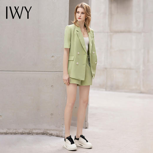 IWY/短袖西装短裤套装牛油果绿色时尚气质正装女夏季高级感工作服C12221+P52106 商品图1