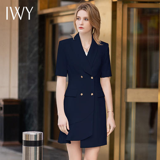IWY/短袖藏青色连衣裙西装裙修身显瘦商务气质职业OL职场工装正装Q11255 商品图1