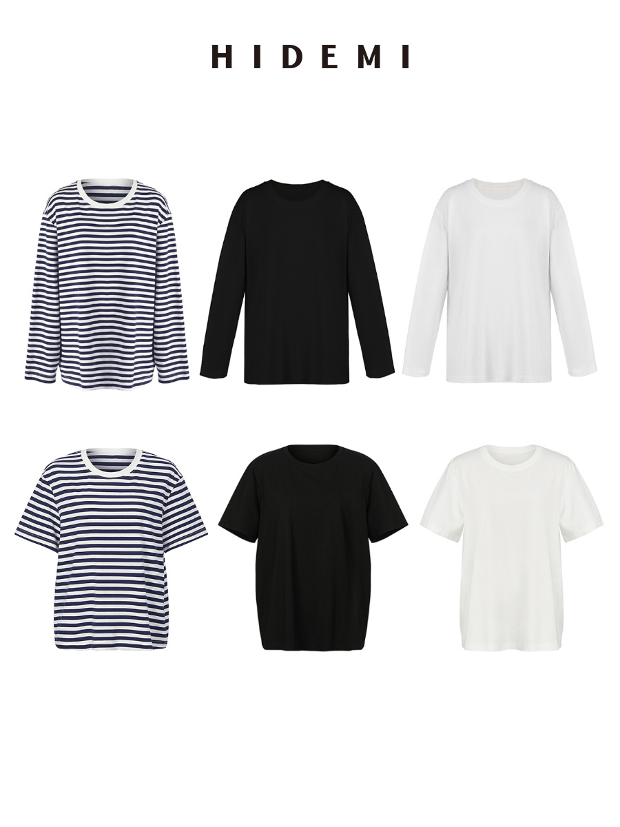 HIDEMI基础经典款有机棉宽松T恤 条纹/黑色/白色