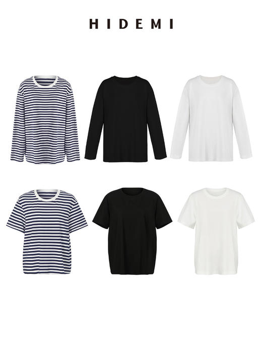 HIDEMI基础经典款有机棉宽松T恤 条纹/黑色/白色 商品图0