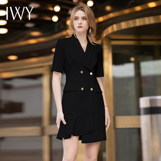 IWY/黑色商务气质职业连衣裙夏季短袖女士时尚设计修身裙子工作服Q11255 商品图2