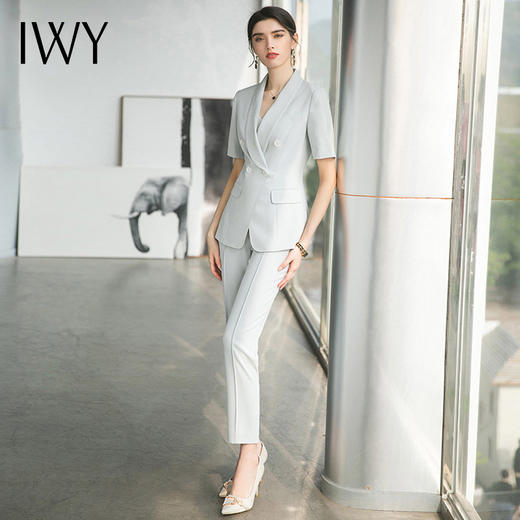 IWY/夏季浅蓝高级职业套装女短袖时尚酒店经理工作服商务西装套裤 CP1540 商品图2