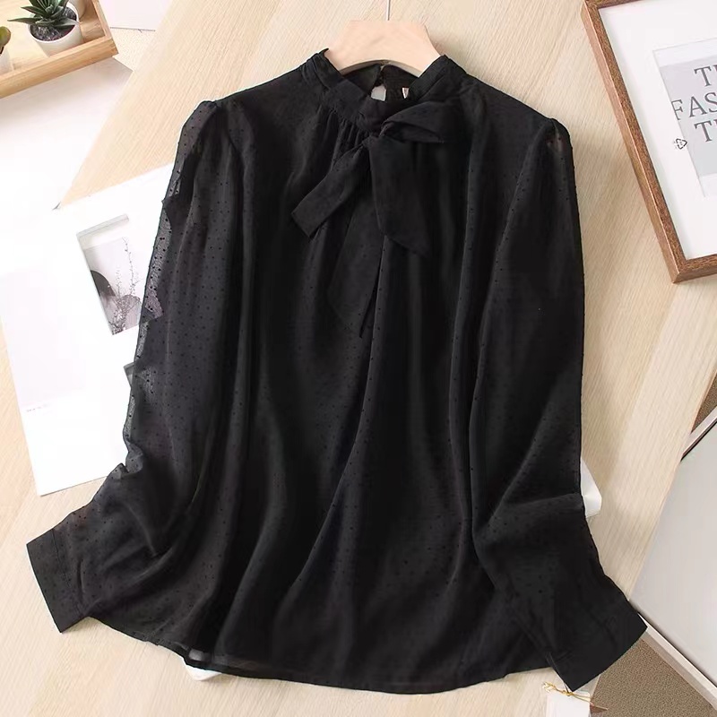 小码福利【2仓】植绒款 小众复古港味飘带领长袖雪纺百搭衬衫