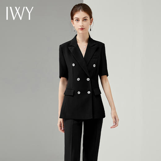 IWY/黑色职业套装女夏季西服OL正装薄款短袖气质双排扣售楼部工服C11231+P10409 商品图4