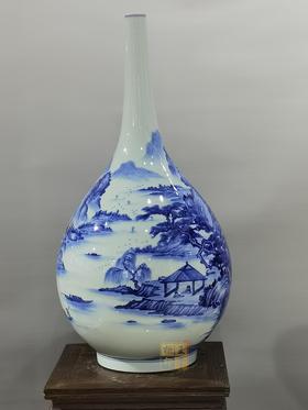 柴窑青花富春山居图山水胆瓶