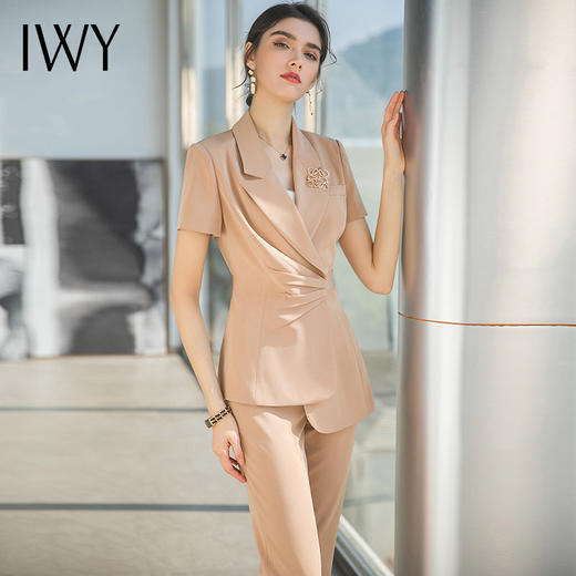 IWY/卡其色职业西服套装女夏季设计感短袖工服时尚气质收腰西装正装OL CP1545 商品图4