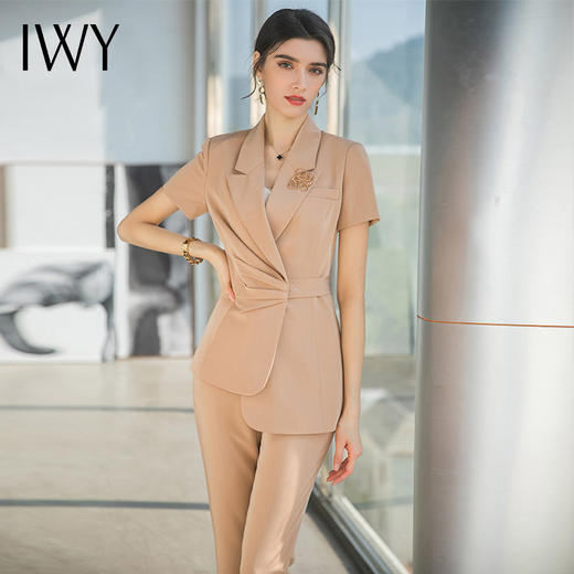 IWY/卡其色职业西服套装女夏季设计感短袖工服时尚气质收腰西装正装OL CP1545 商品图2