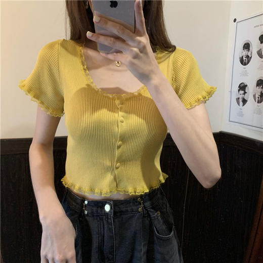 黛唯梵纯欲蕾丝边针织衫夏季2022年新款方领短袖设计感高腰短款T恤上衣 商品图1