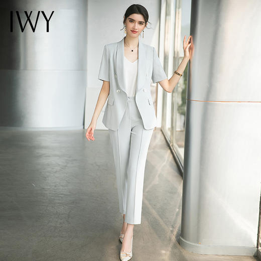 IWY/夏季浅蓝高级职业套装女短袖时尚酒店经理工作服商务西装套裤 CP1540 商品图0