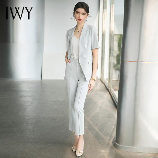 IWY/夏季浅蓝高级职业套装女短袖时尚酒店经理工作服商务西装套裤 CP1540 商品图1