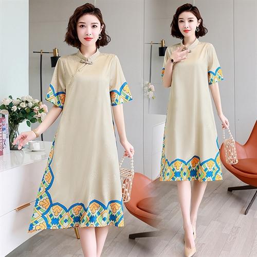 时尚舒适民族风，改良旗袍定位花仿真丝大码连衣裙HR-YYG82716 商品图2