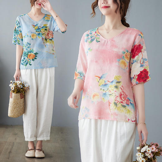 GYH 8152五分袖V领衬衫民族风印花轻薄凉爽T恤宽松上衣 商品图0