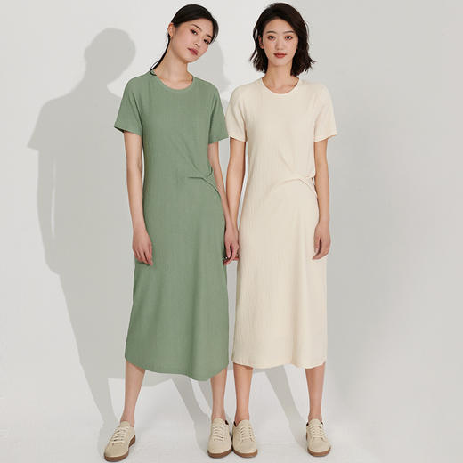 IN AND ON设计感水波纹扭结连衣裙女长款短袖圆领纯色简约长裙 商品图8