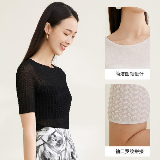 玳莎纯棉针织衫修身女新款轻薄微透设计感圆领短袖上衣  CB33101 商品图1