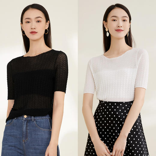 玳莎纯棉针织衫修身女新款轻薄微透设计感圆领短袖上衣  CB33101 商品图2