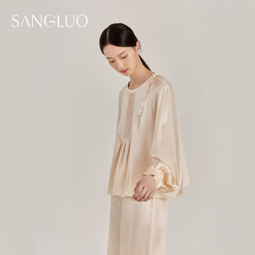 SANGLUO真丝睡衣套装古典浪漫灯笼袖香槟色桑蚕丝可外穿家居服女 商品图3