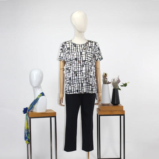 FOCALS女装夏季新款桑蚕丝圆领短袖印花衬衫T恤上衣FRRBN203NE 商品图4