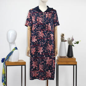 FOCALS福柯斯夏季桑蚕丝休闲连帽短袖印花中长款连衣裙FRRBX238BV