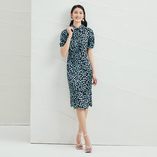 EITIE爱特爱夏季新款短袖立领收腰显瘦印花连衣裙6607370 商品图1