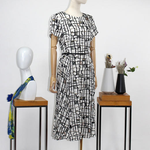 FOCALS福柯斯夏季桑蚕丝圆领短袖印花中长款连衣裙FRRBX202NE 商品图1