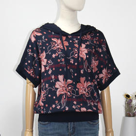 FOCALS女装夏季新款桑蚕丝连帽拼接套头印花衬衫上衣FRRBN237BV