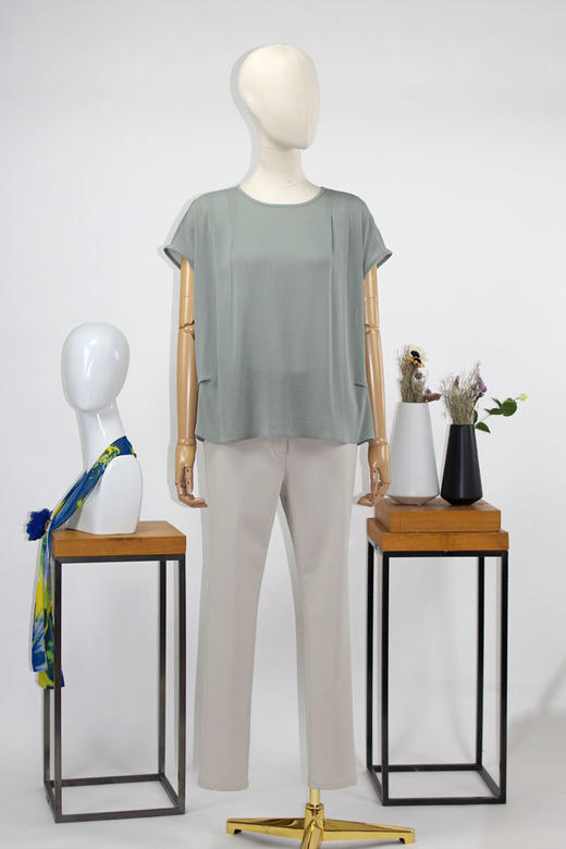 FOCALS女装夏季新款桑蚕丝圆领包袖纯色套头衬衫上衣FRRBN231G2 商品图4