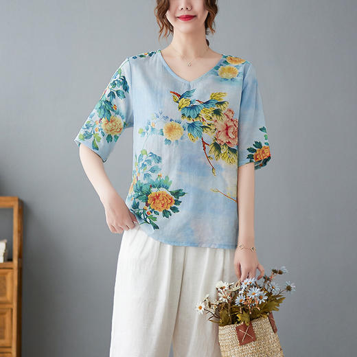 GYH 8152五分袖V领衬衫民族风印花轻薄凉爽T恤宽松上衣 商品图1