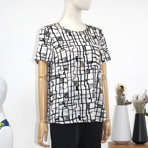 FOCALS女装夏季新款桑蚕丝圆领短袖印花衬衫T恤上衣FRRBN203NE 商品图1