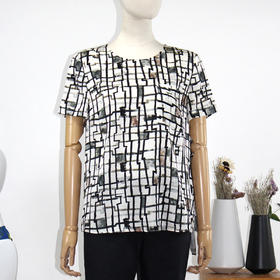 FOCALS女装夏季新款桑蚕丝圆领短袖印花衬衫T恤上衣FRRBN203NE