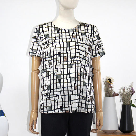 FOCALS女装夏季新款桑蚕丝圆领短袖印花衬衫T恤上衣FRRBN203NE 商品图0