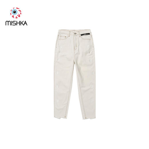 MISHKA大眼球潮牌2022春夏新品女士做旧破洞绣花直筒牛仔裤长裤M21100943W 商品图0