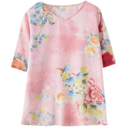 GYH 8152五分袖V领衬衫民族风印花轻薄凉爽T恤宽松上衣 商品图4