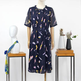 FOCALS福柯斯夏季圆领短袖雪纺抽象印花中长款连衣裙F2YBX257BV