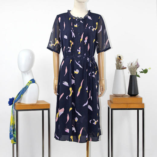 FOCALS福柯斯夏季圆领短袖雪纺抽象印花中长款连衣裙F2YBX257BV 商品图0