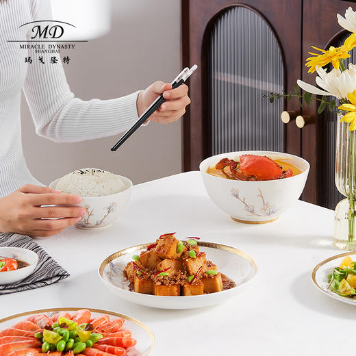 【6F】玛戈隆特 36头骨瓷餐具套装碗碟套装 珐琅彩轻奢中式家用碗盘碟 餐具礼盒礼品包装 黄金珐琅彩 （6人份） 玉兰花开珐琅彩 36头餐具 商品图4