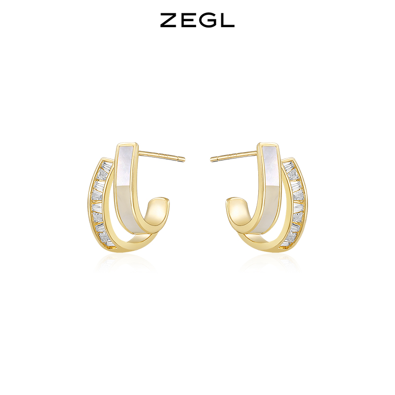 ZEGL法式高级感贝壳耳钉女小众设计感耳环复古925银针C型通勤耳饰