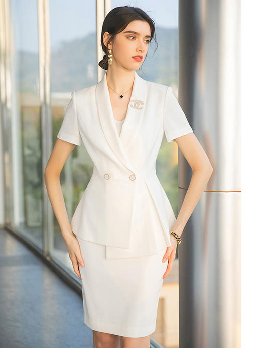 珠宝店工作服女夏季短袖职业套装高级感白色西装正装套裙经理工装 商品图0